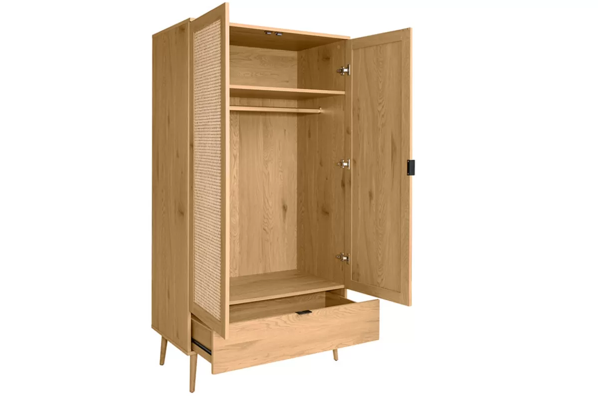 Miliboo Armoire finition bois clair, cannage en rotin et métal noir H190 cm MANILLE