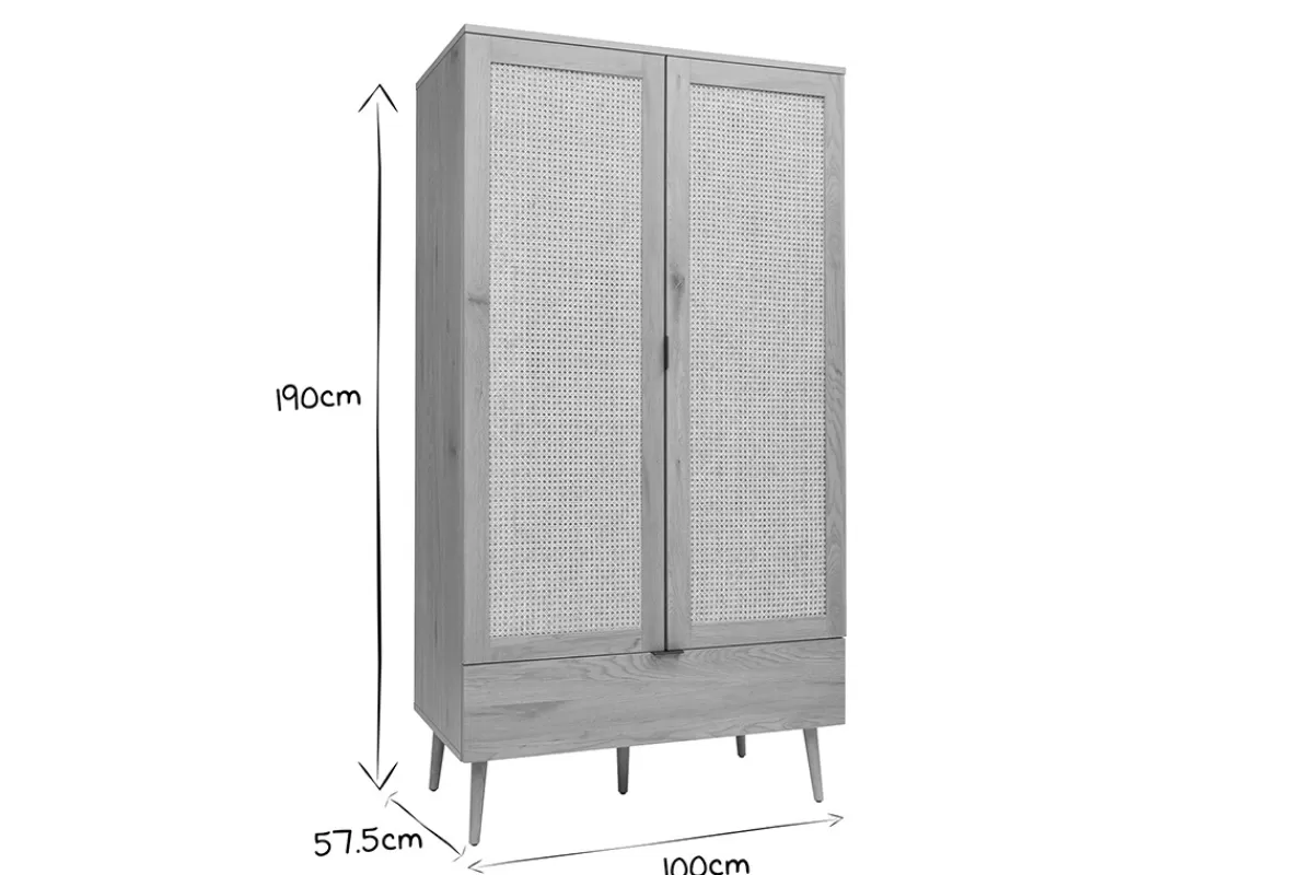 Miliboo Armoire finition bois clair, cannage en rotin et métal noir H190 cm MANILLE