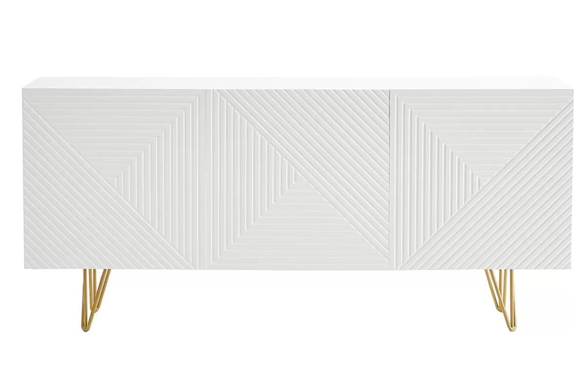 Miliboo Buffet design blanc et métal doré 3 portes L160 cm OZEN