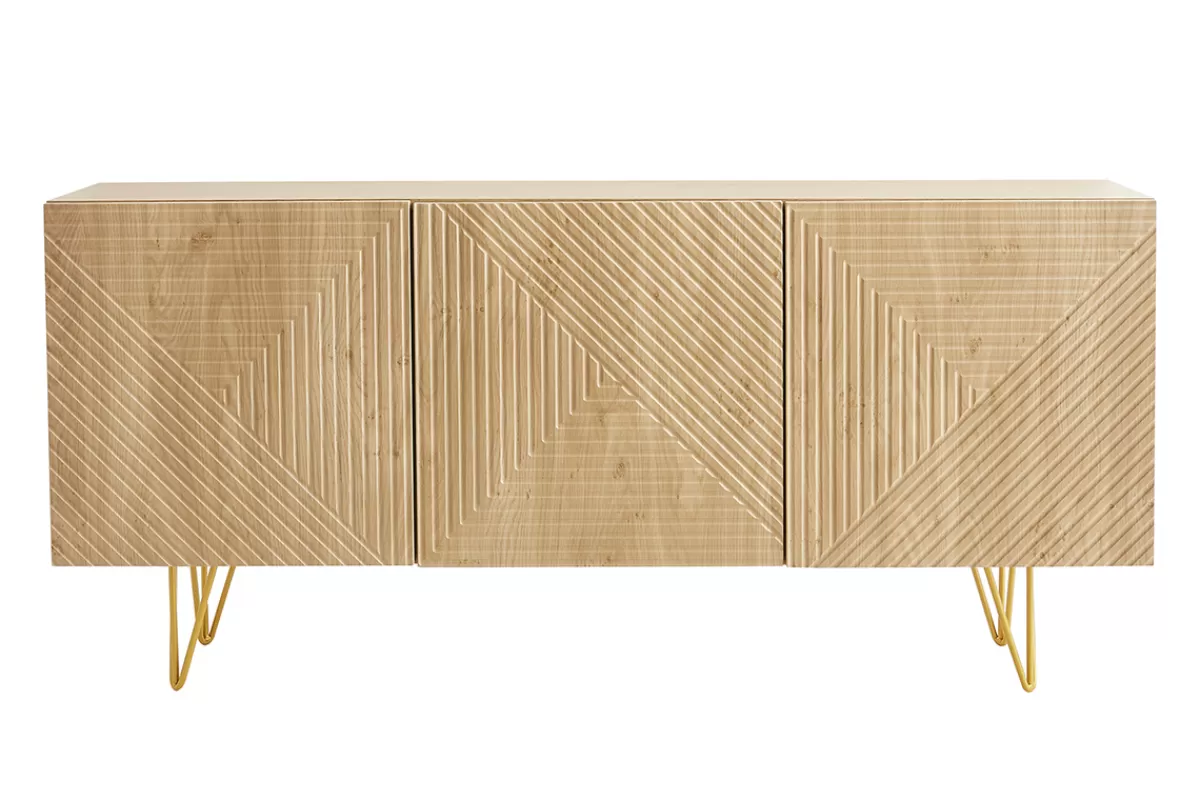 Miliboo Buffet design gravé finition bois clair chêne et métal doré 3 portes L160 cm OZEN