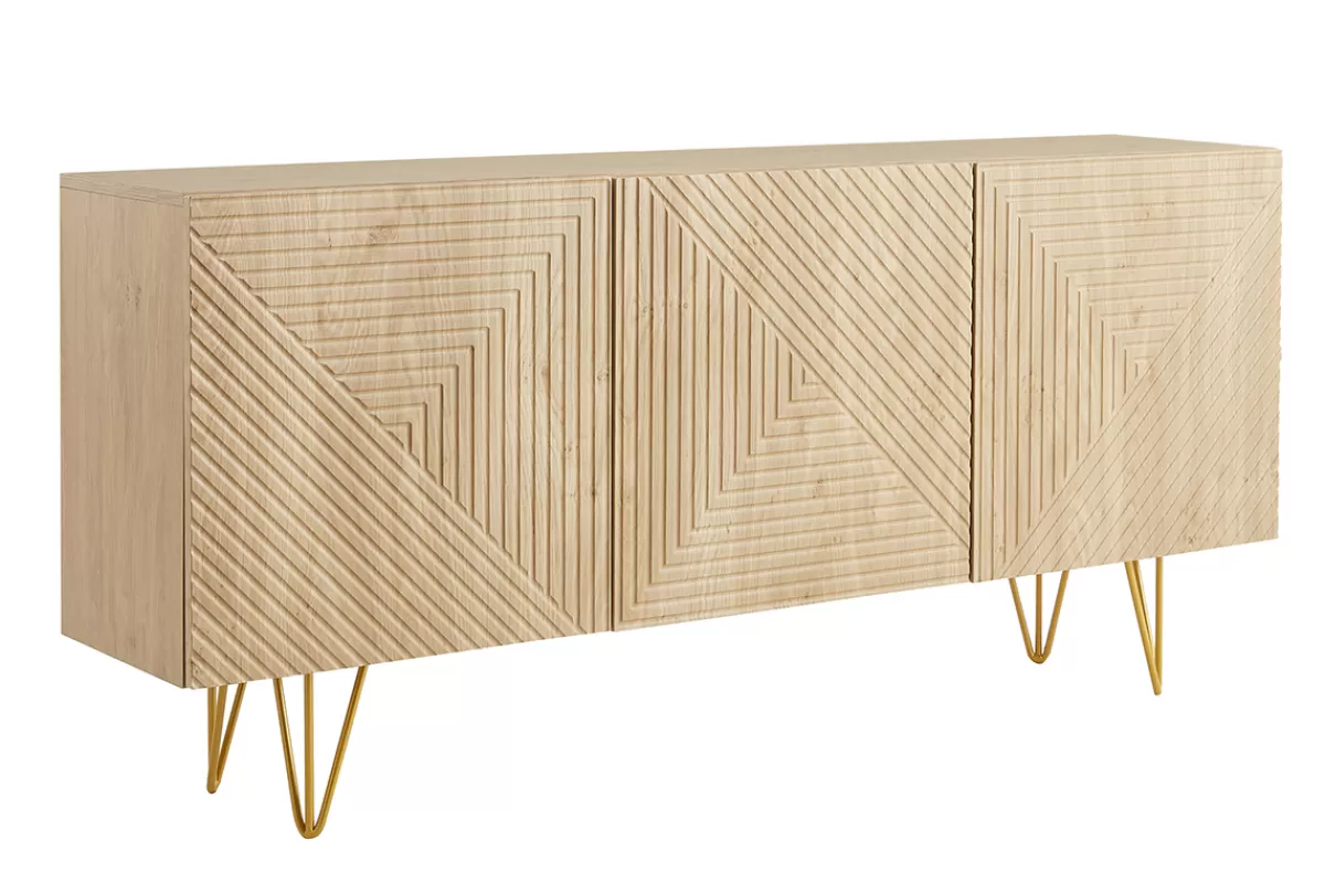 Miliboo Buffet design gravé finition bois clair chêne et métal doré 3 portes L160 cm OZEN