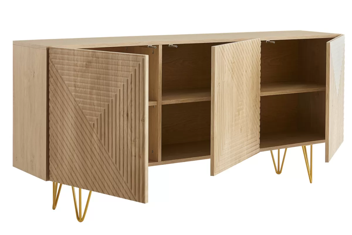 Miliboo Buffet design gravé finition bois clair chêne et métal doré 3 portes L160 cm OZEN