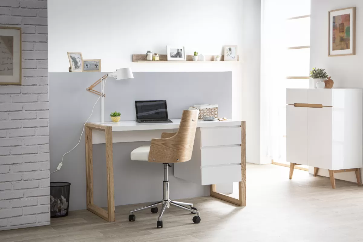 Miliboo Bureau avec rangements 3 tiroirs scandinave blanc mat et bois clair frêne massif L130 cm ARMEL