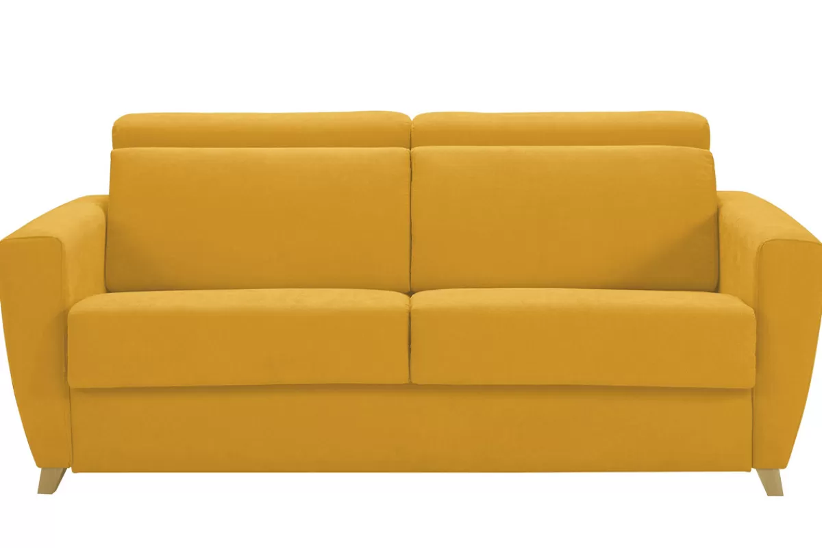 Miliboo Canapé convertible avec têtières ajustables 3 places en tissu jaune avec matelas 13 cm GOYA