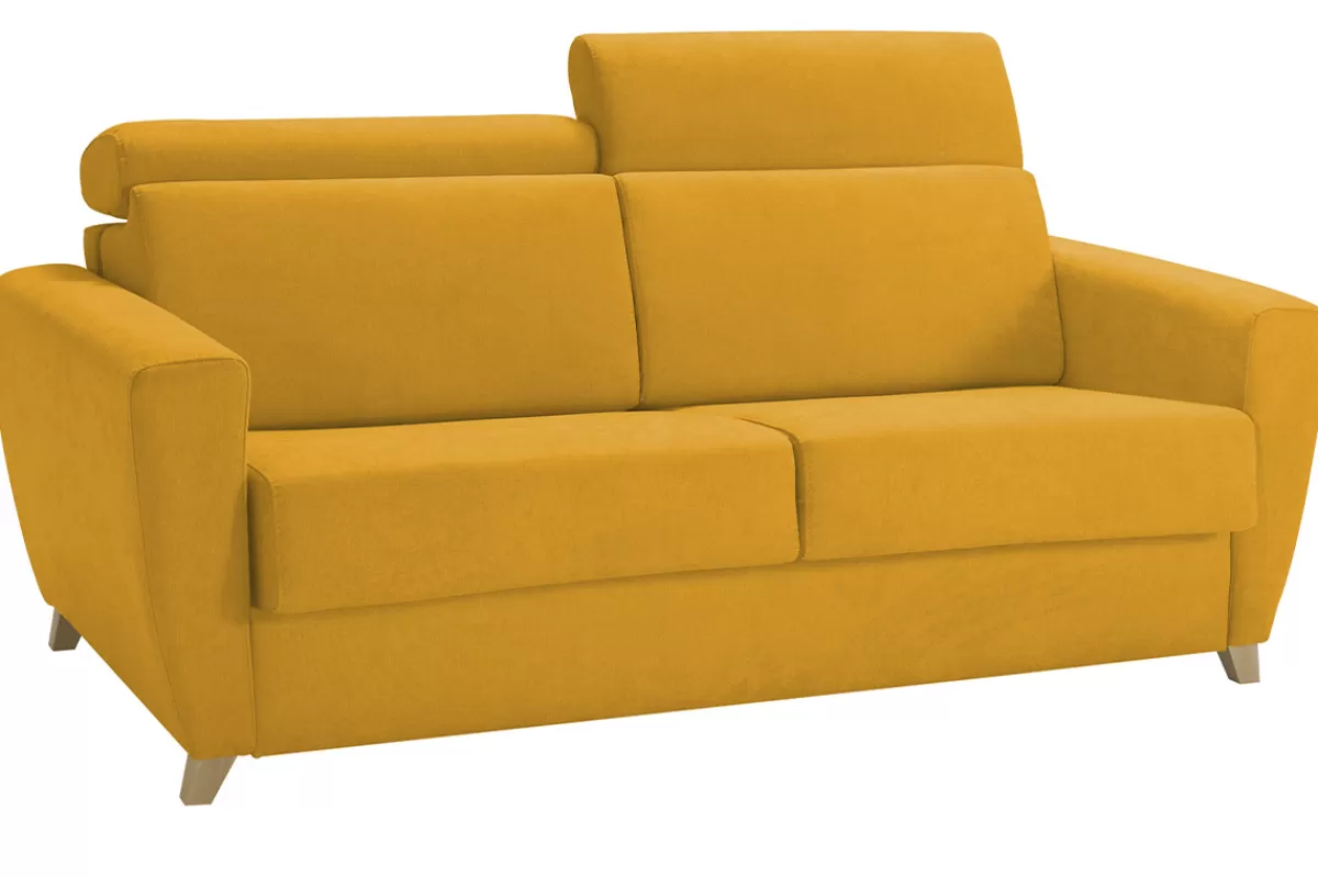 Miliboo Canapé convertible avec têtières ajustables 3 places en tissu jaune avec matelas 13 cm GOYA