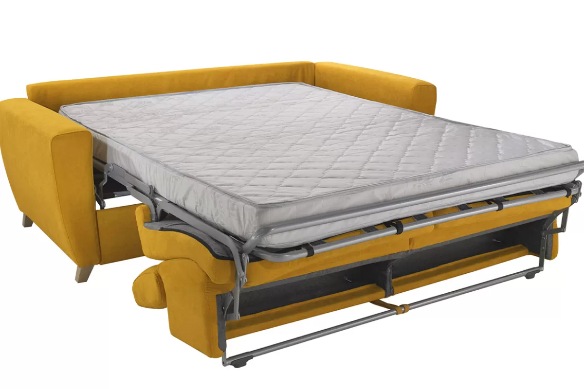 Miliboo Canapé convertible avec têtières ajustables 3 places en tissu jaune avec matelas 13 cm GOYA