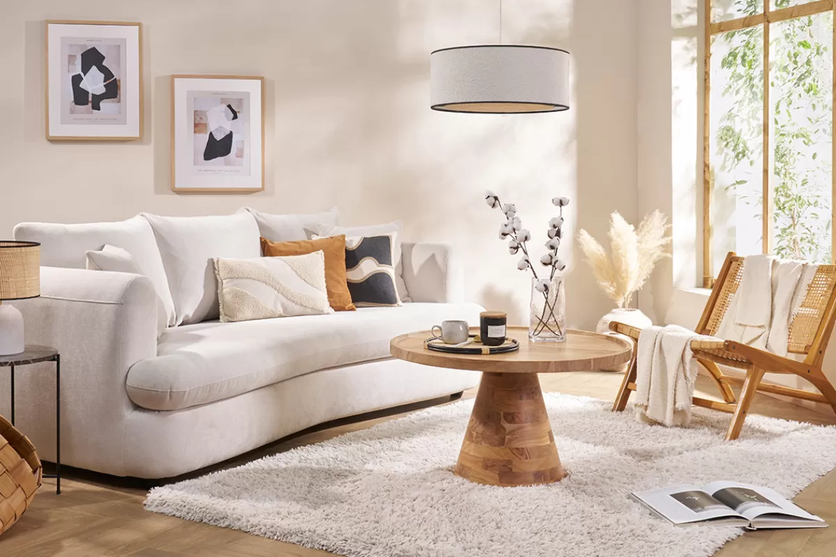 Miliboo Canapé convertible déhoussable 3-4 places design haricot en tissu effet velours beige clair SACHA