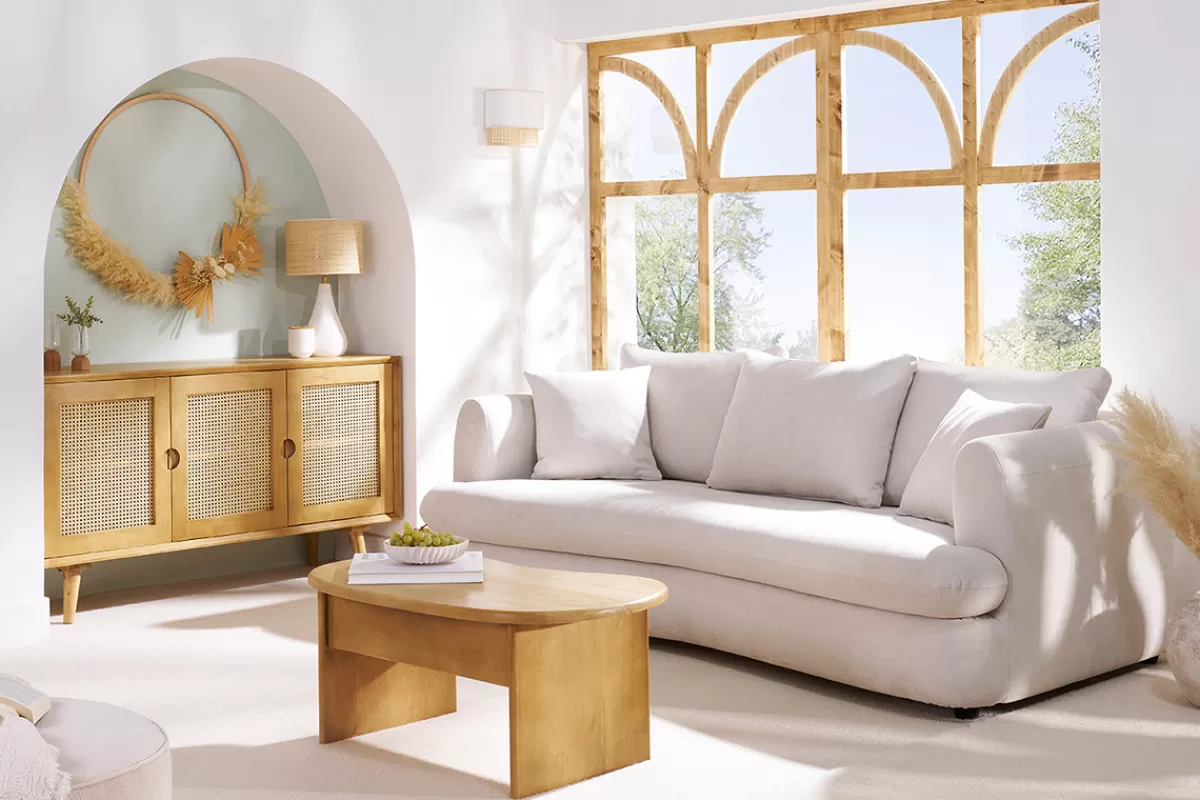 Miliboo Canapé convertible déhoussable 3-4 places design haricot en tissu effet velours beige clair SACHA