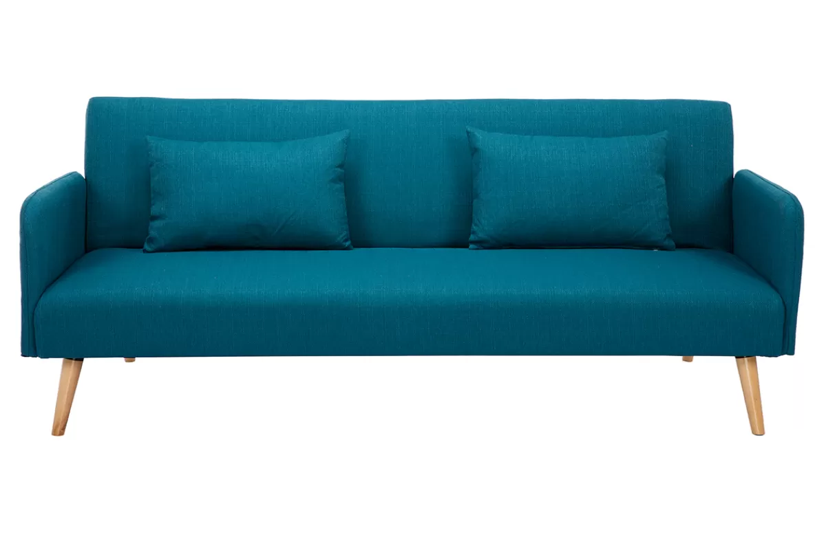 Miliboo Canapé convertible scandinave 3 places en tissu bleu canard et bois clair LULA