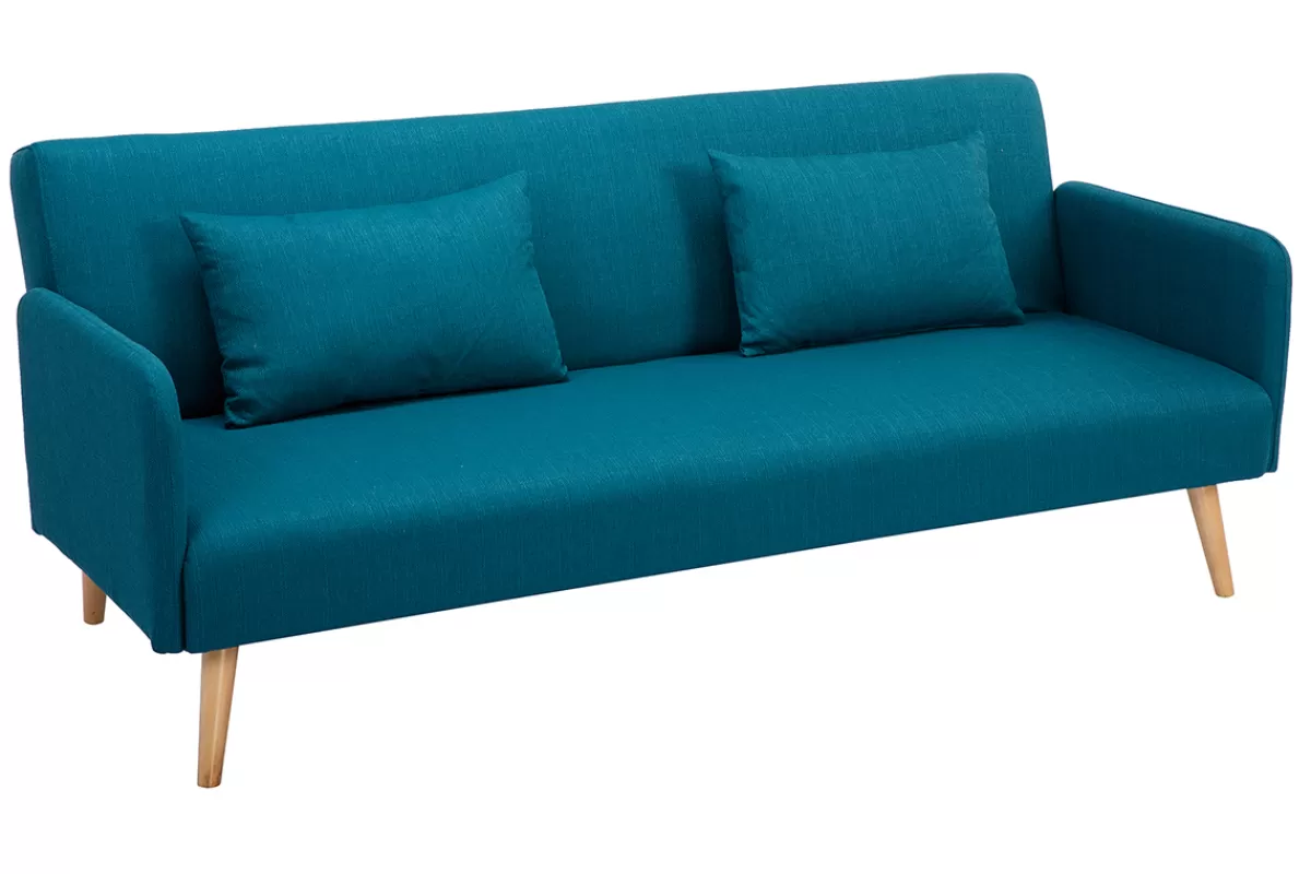 Miliboo Canapé convertible scandinave 3 places en tissu bleu canard et bois clair LULA