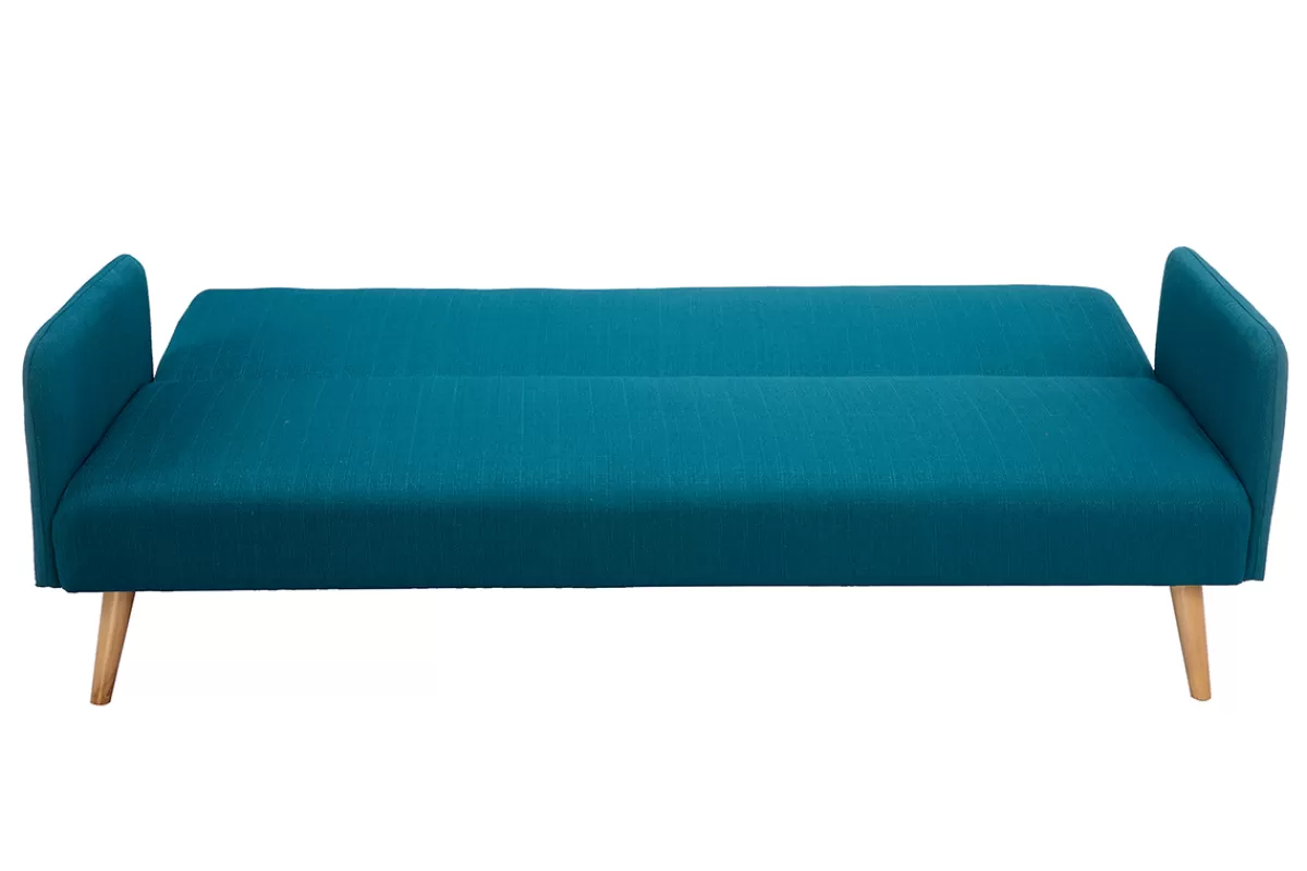 Miliboo Canapé convertible scandinave 3 places en tissu bleu canard et bois clair LULA