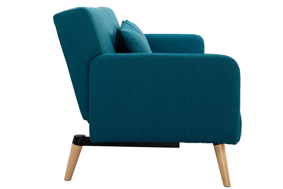 Miliboo Canapé convertible scandinave 3 places en tissu bleu canard et bois clair LULA