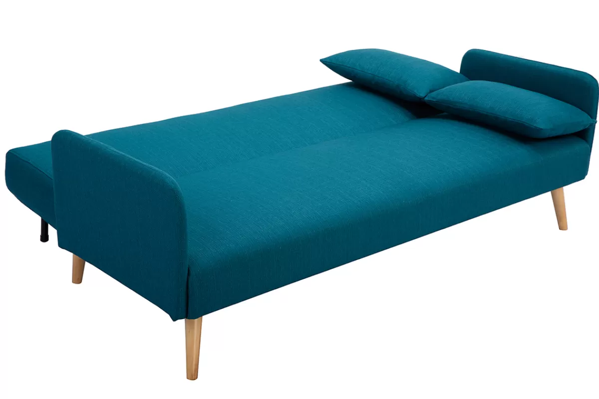 Miliboo Canapé convertible scandinave 3 places en tissu bleu canard et bois clair LULA
