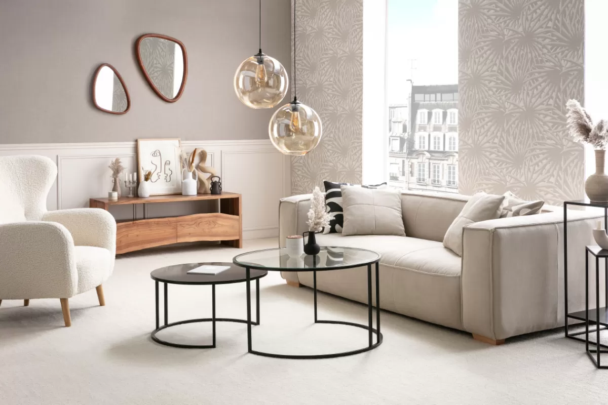 Miliboo Canapé design 3 places en tissu effet velours naturel et bois clair COBAIN