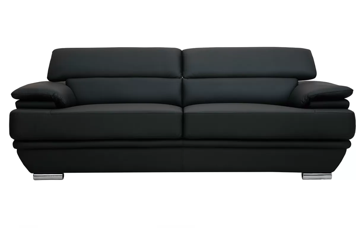 Miliboo Canapé design avec têtières ajustables 3 places cuir noir et acier chromé EWING