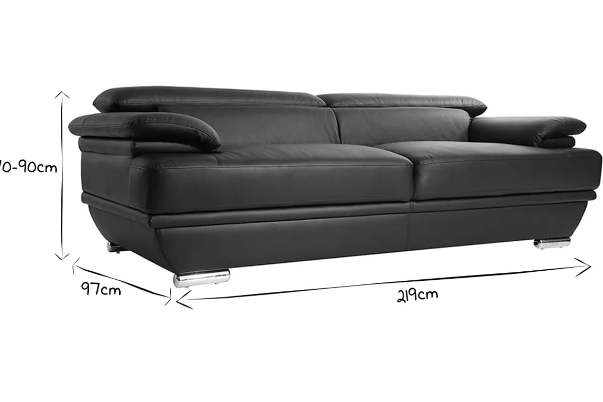 Miliboo Canapé design avec têtières ajustables 3 places cuir noir et acier chromé EWING