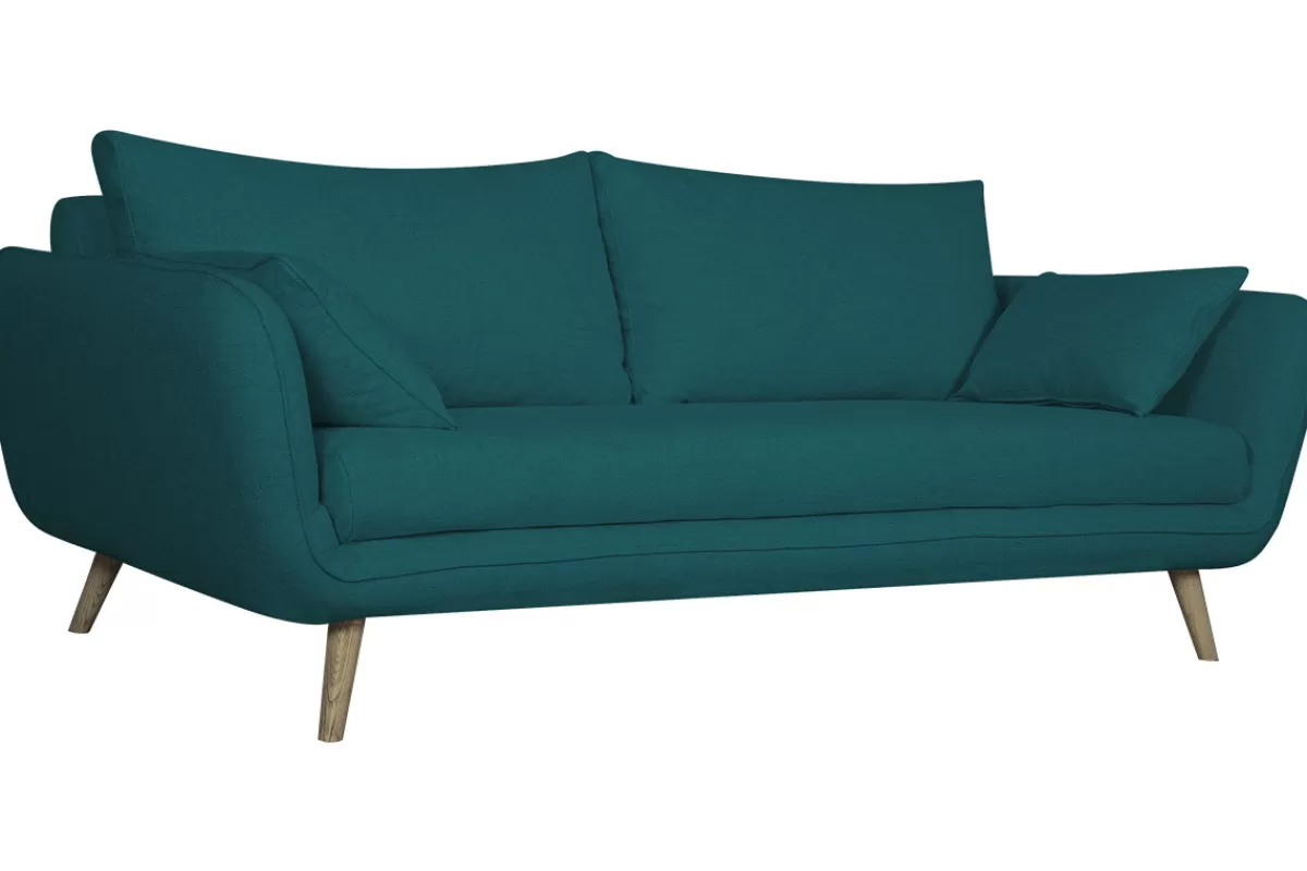 Miliboo Canapé scandinave 3 places en tissu bleu paon et bois clair CREEP