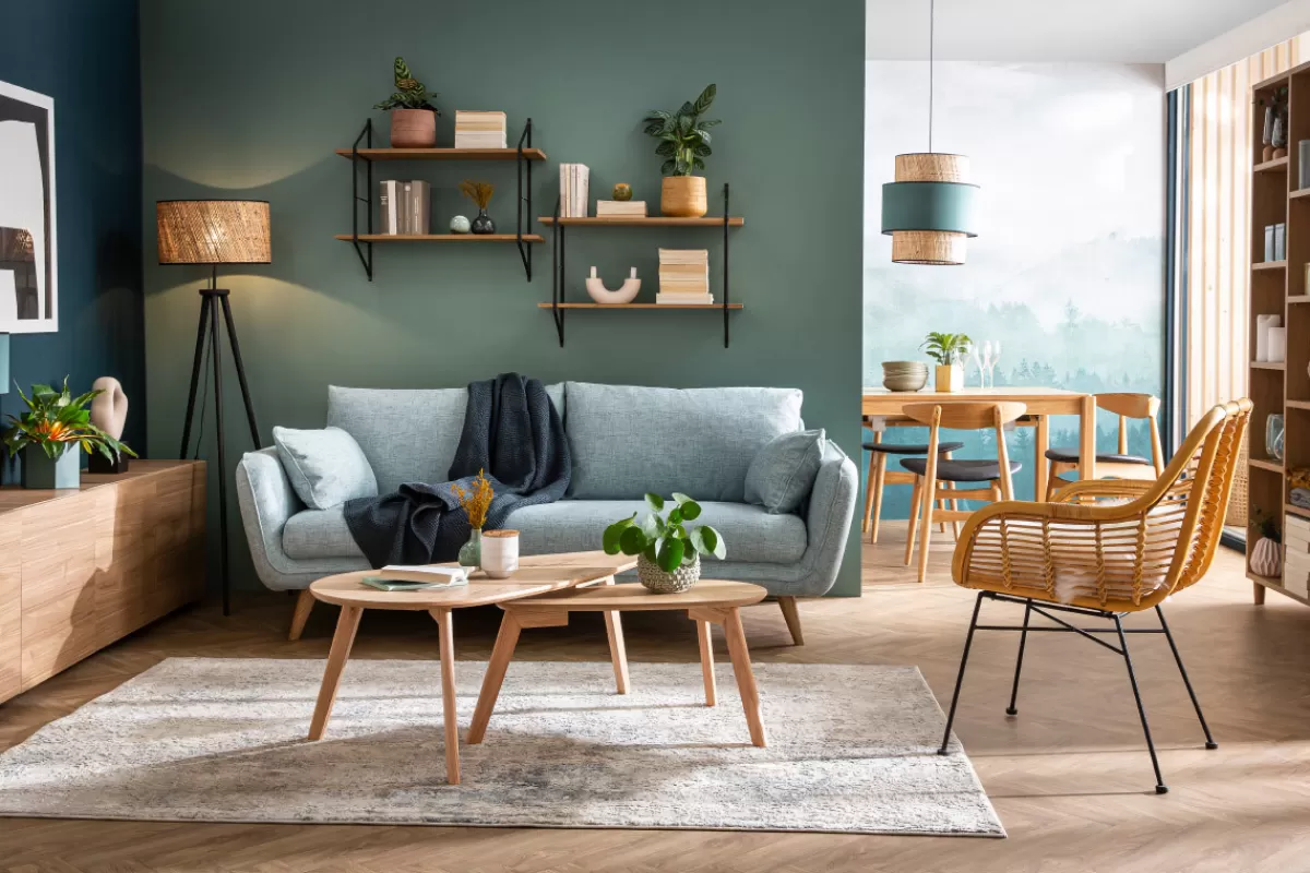 Miliboo Canapé scandinave 3 places en tissu bleu paon et bois clair CREEP