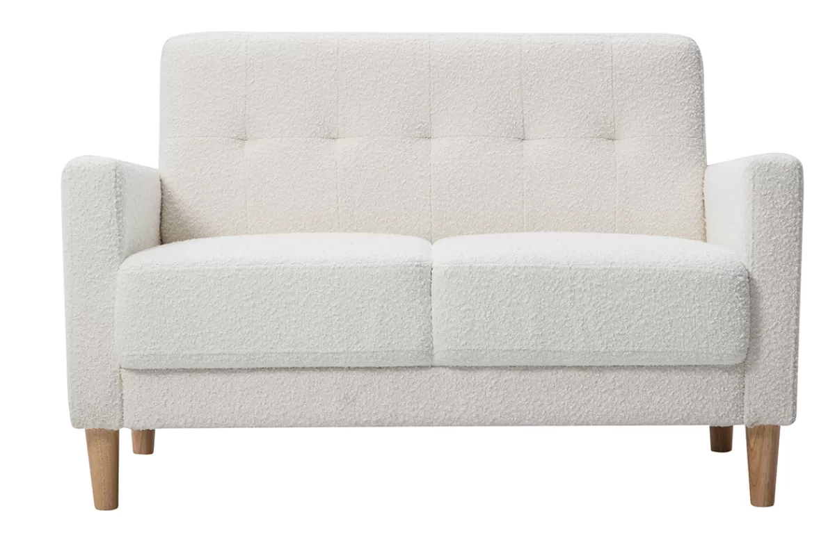 Miliboo Canapé scandinave 2 places en tissu effet laine bouclée blanc et bois clair MOON