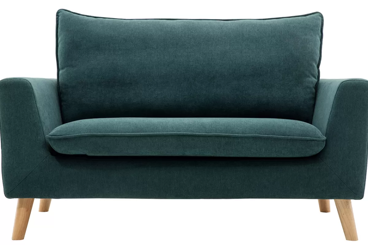 Miliboo Canapé scandinave 2 places en tissu effet velours bleu canard et bois clair JONAS