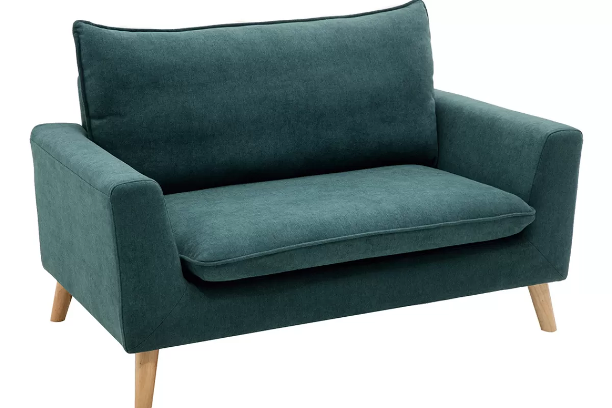 Miliboo Canapé scandinave 2 places en tissu effet velours bleu canard et bois clair JONAS
