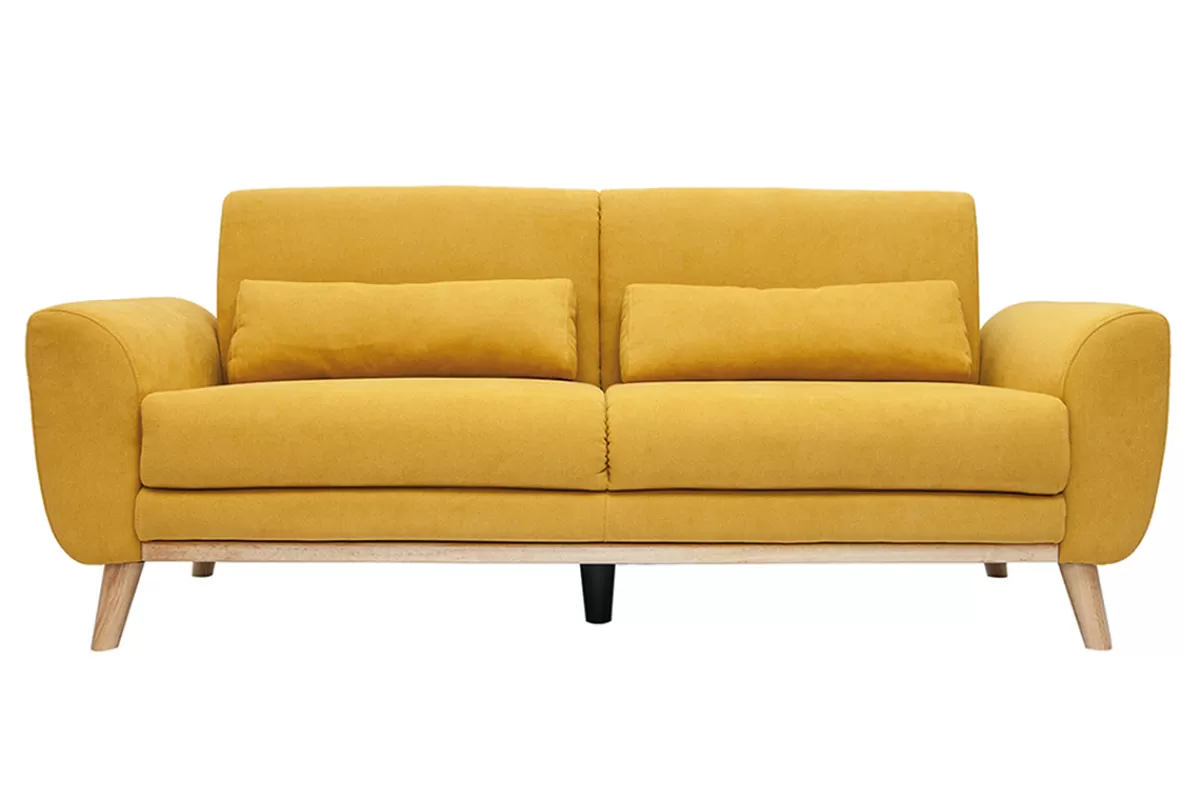 Miliboo Canapé scandinave 3 places en tissu effet velours jaune moutarde et bois clair EKTOR