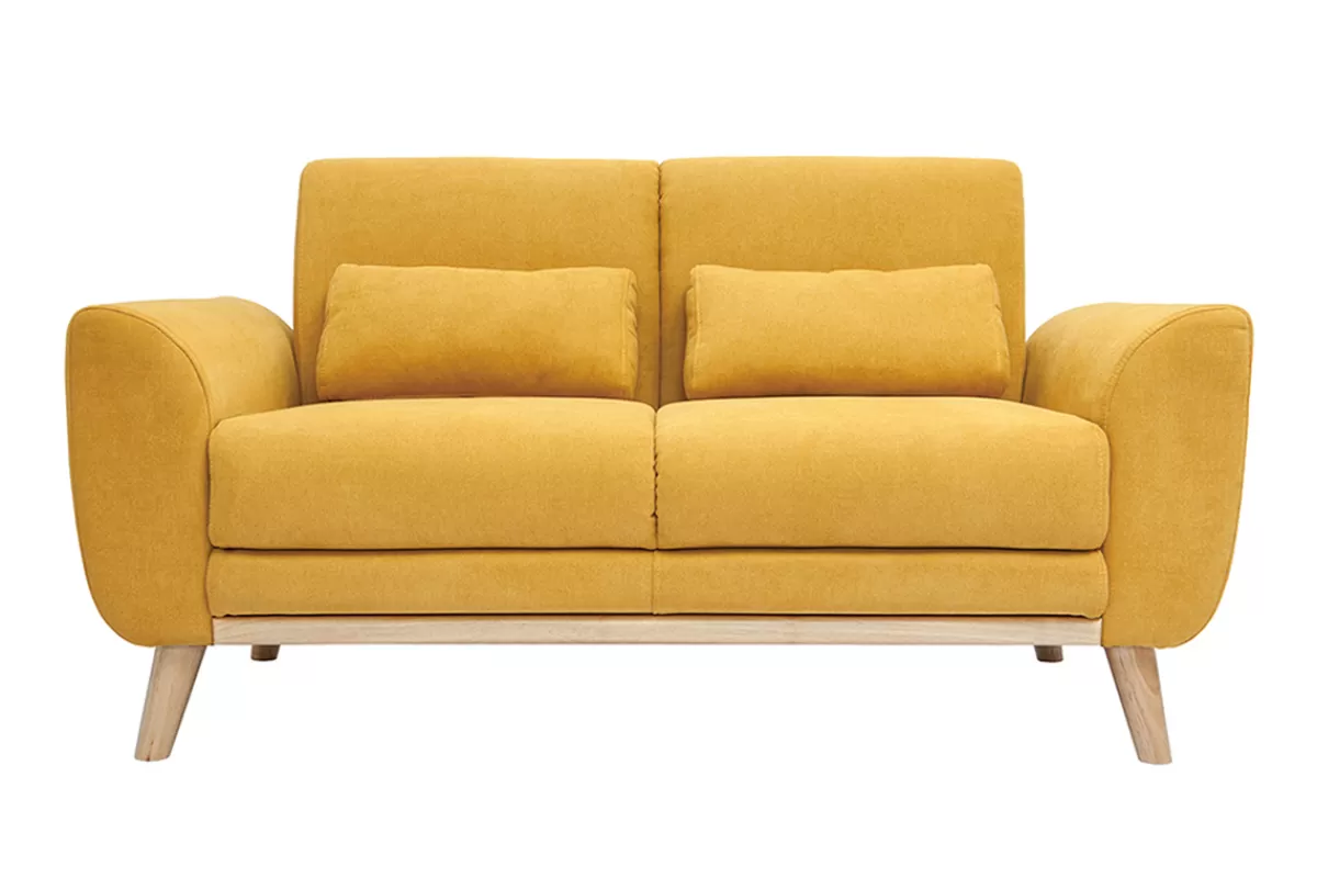 Miliboo Canapé scandinave 2 places en tissu effet velours jaune moutarde et bois clair EKTOR