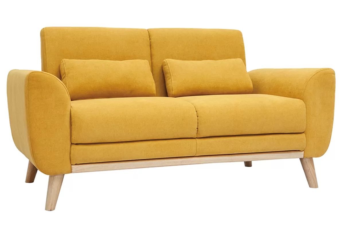 Miliboo Canapé scandinave 2 places en tissu effet velours jaune moutarde et bois clair EKTOR