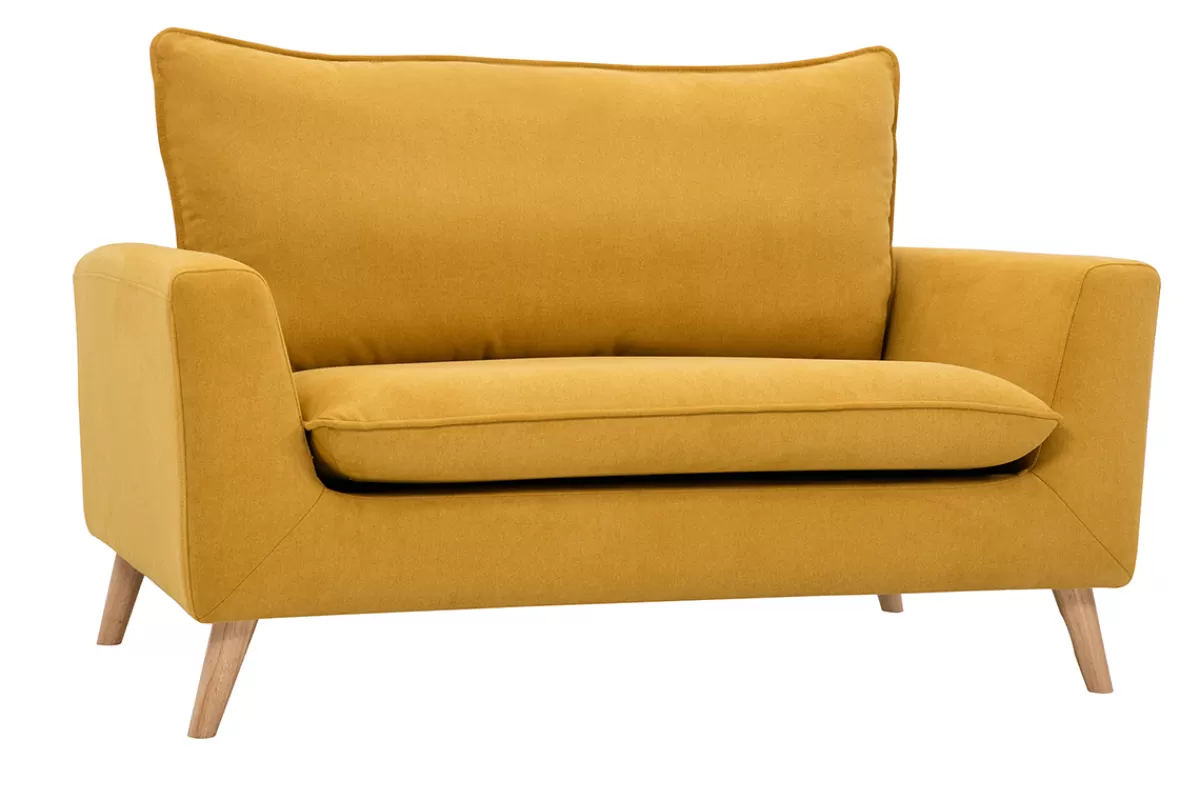 Miliboo Canapé scandinave 2 places en tissu effet velours jaune moutarde et bois clair JONAS