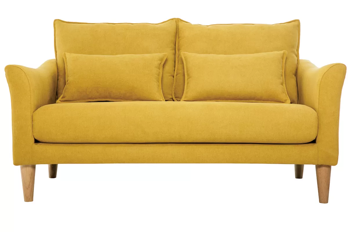 Miliboo Canapé scandinave 2 places en tissu effet velours jaune moutarde et bois clair KATE