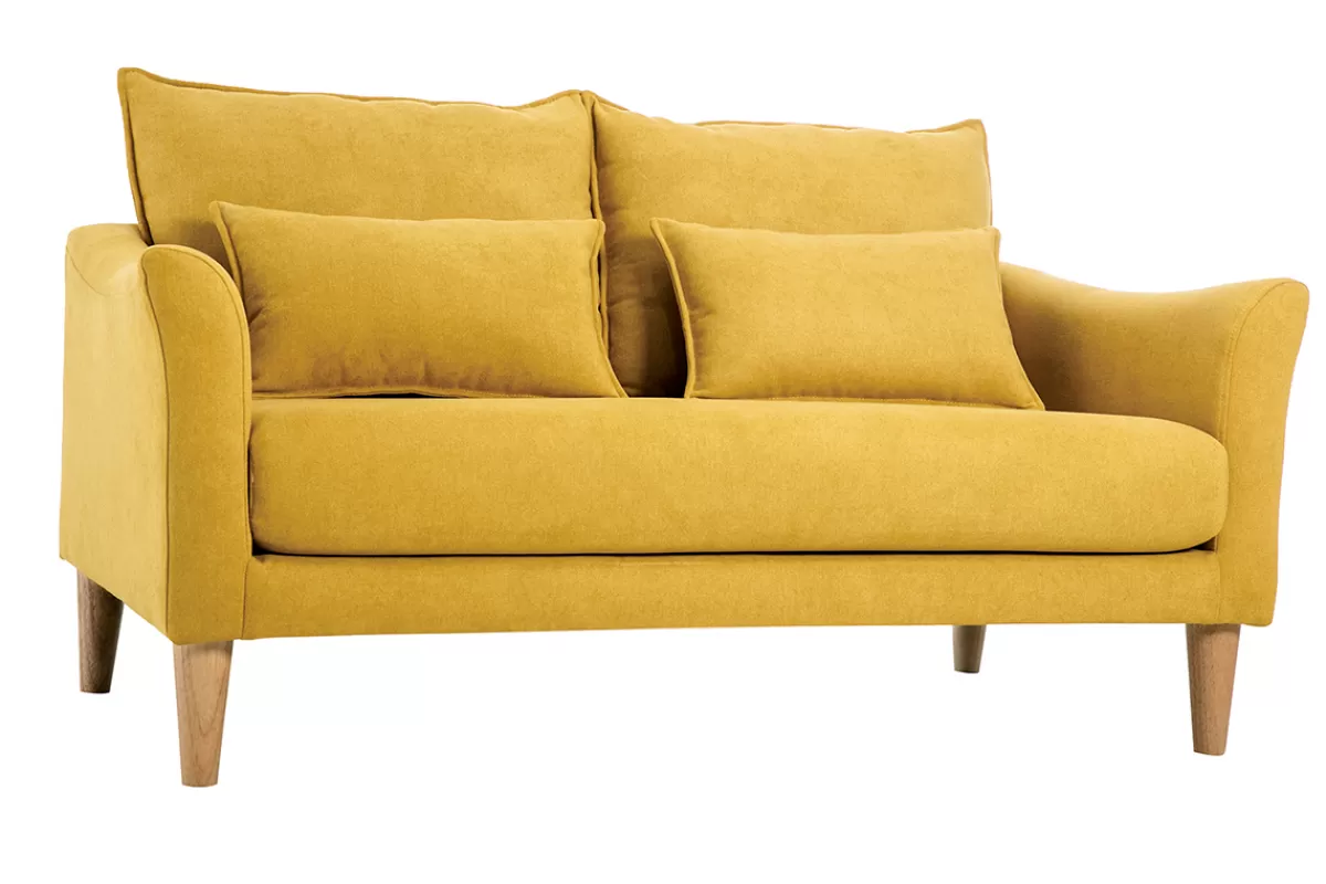 Miliboo Canapé scandinave 2 places en tissu effet velours jaune moutarde et bois clair KATE