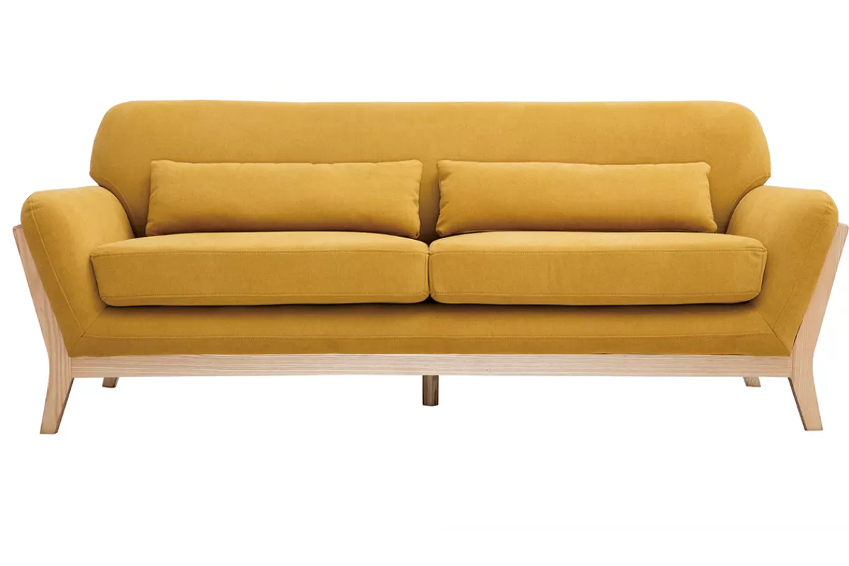 Miliboo Canapé scandinave 3 places en tissu effet velours jaune moutarde et bois clair YOKO
