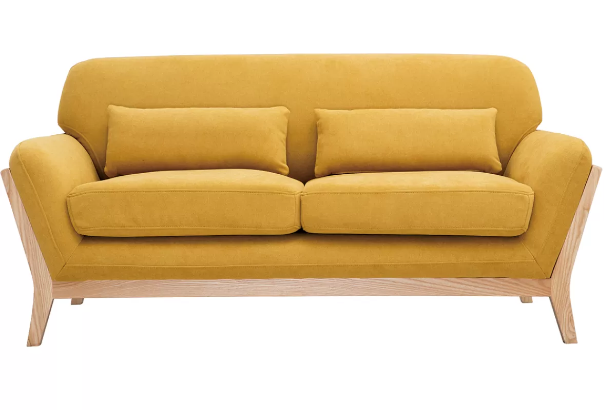 Miliboo Canapé scandinave 2 places en tissu effet velours jaune moutarde et bois clair YOKO