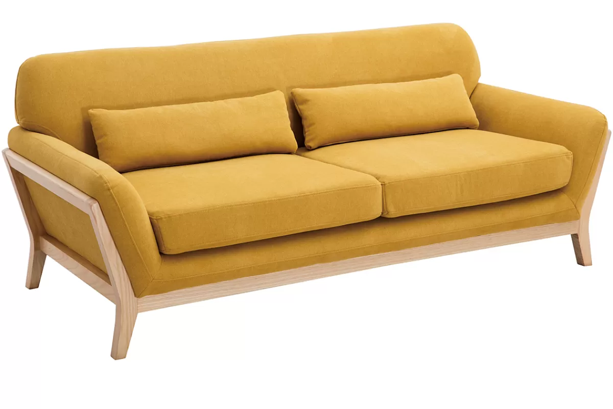Miliboo Canapé scandinave 3 places en tissu effet velours jaune moutarde et bois clair YOKO