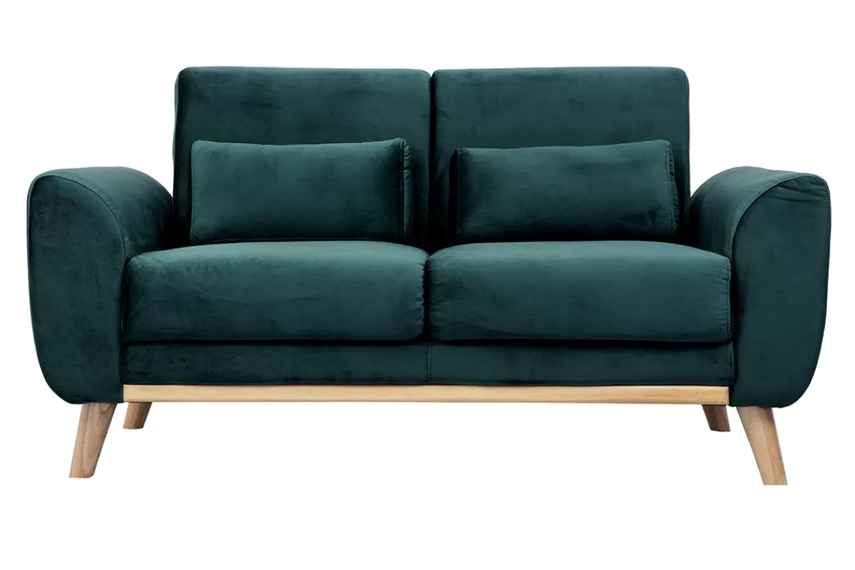 Miliboo Canapé scandinave 2 places en tissu velours bleu pétrole et bois clair EKTOR
