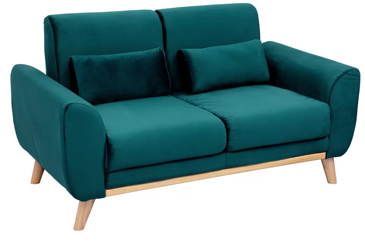 Miliboo Canapé scandinave 2 places en tissu velours bleu pétrole et bois clair EKTOR