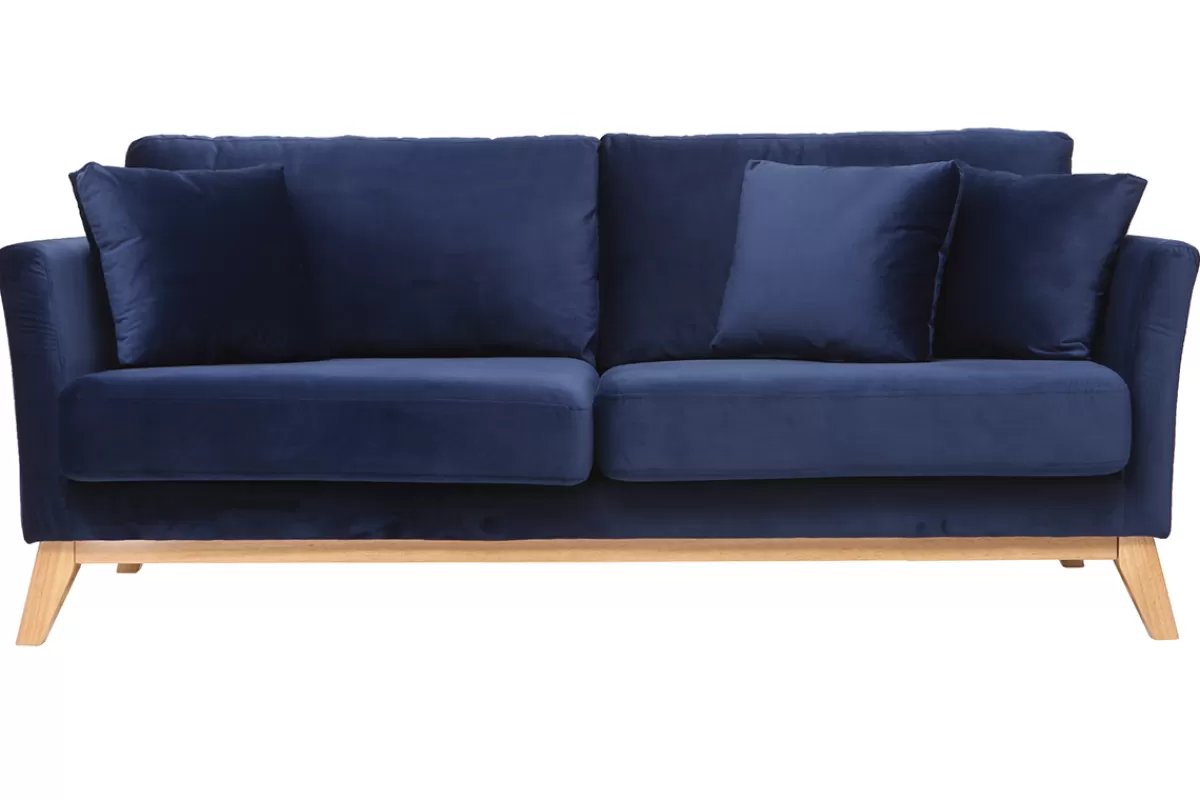 Miliboo Canapé scandinave déhoussable 3 places en tissu velours bleu nuit et bois clair OSLO