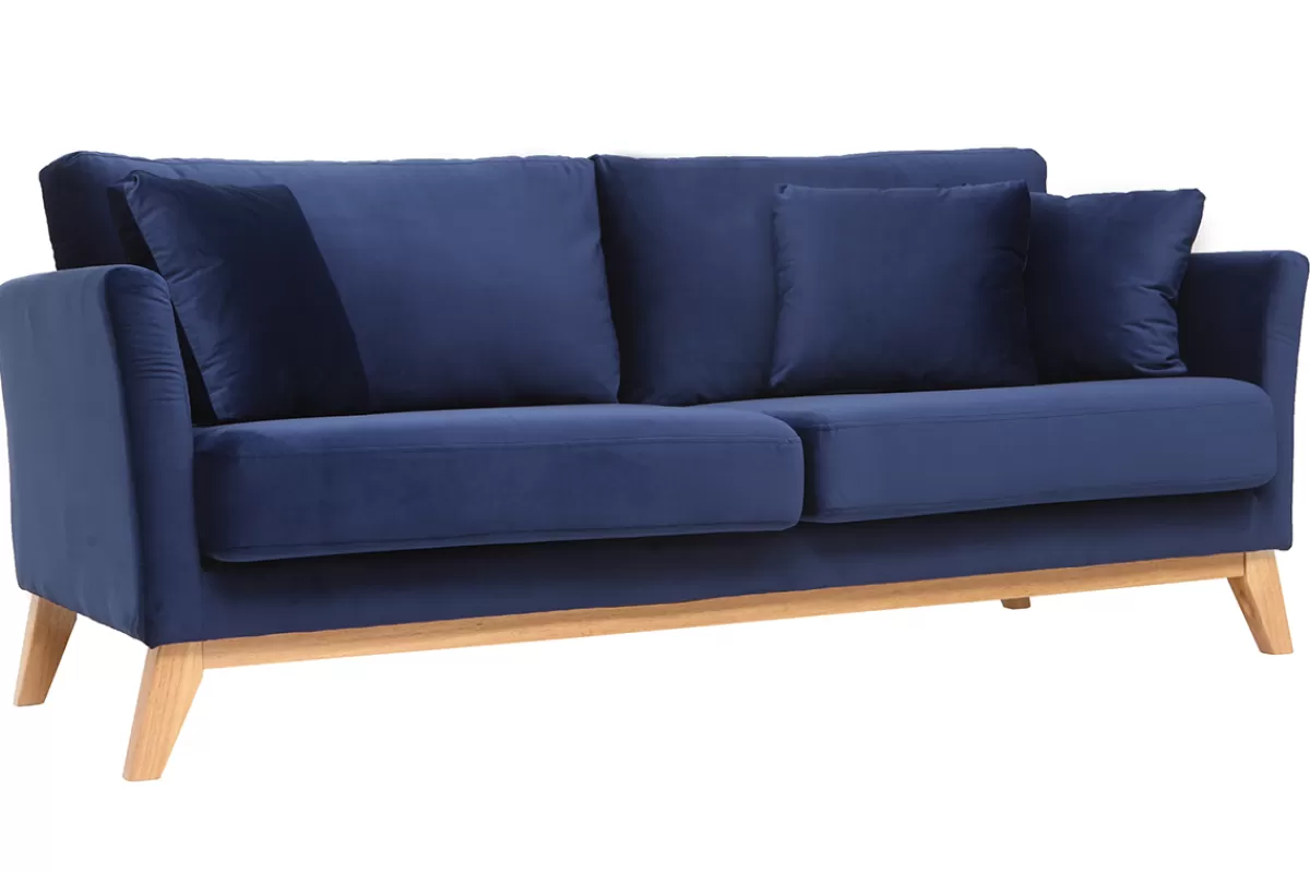 Miliboo Canapé scandinave déhoussable 3 places en tissu velours bleu nuit et bois clair OSLO