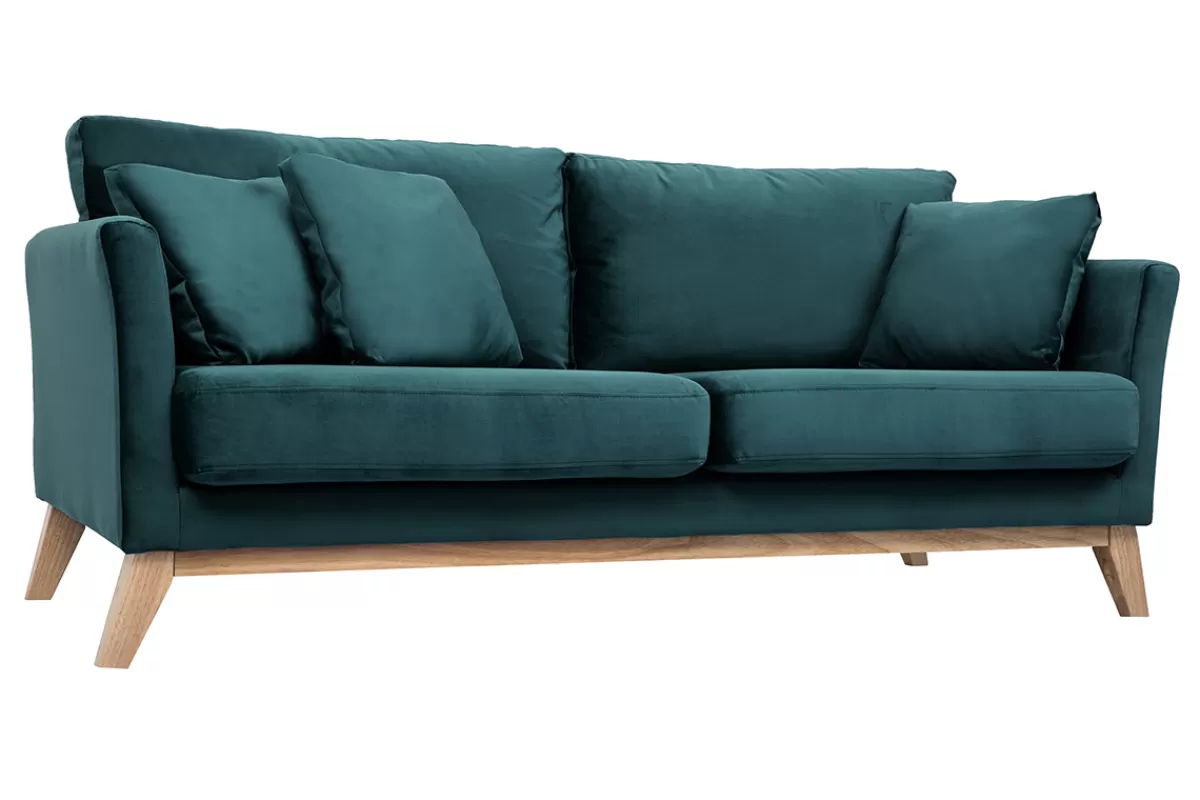 Miliboo Canapé scandinave déhoussable 3 places en tissu velours bleu pétrole et bois clair OSLO