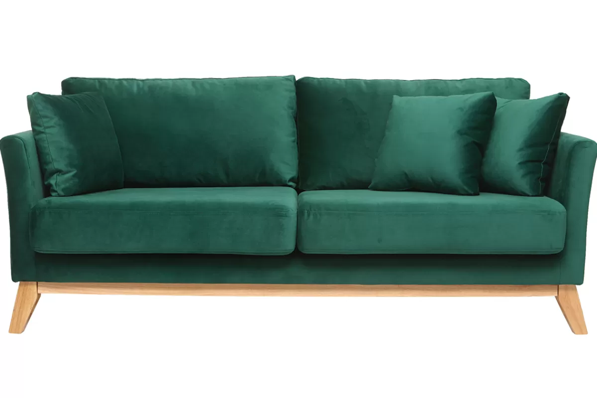 Miliboo Canapé scandinave déhoussable 3 places en tissu velours vert émeraude et bois clair OSLO