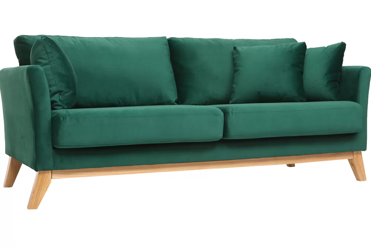 Miliboo Canapé scandinave déhoussable 3 places en tissu velours vert émeraude et bois clair OSLO