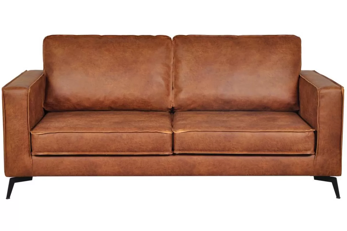 Miliboo Canapé vintage 3 places cuir marron cognac aspect vieilli et métal noir SONNY