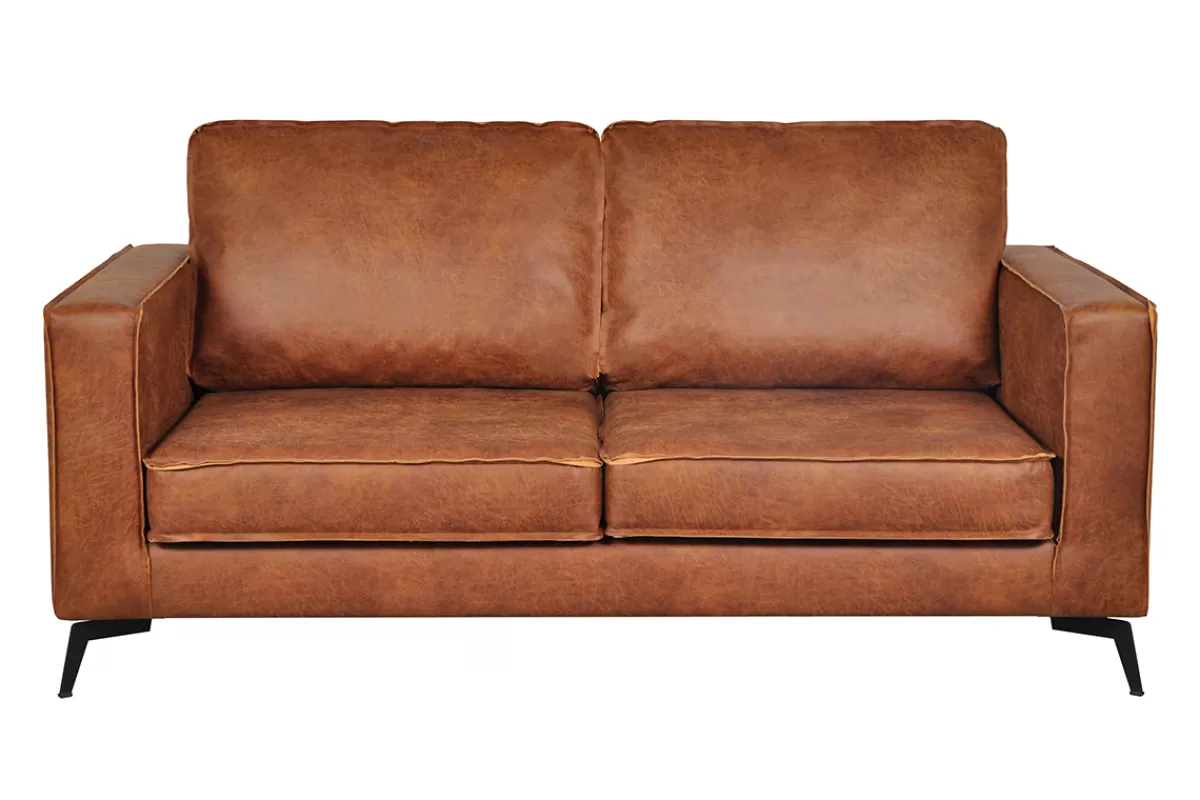 Miliboo Canapé vintage 2-3 places cuir marron cognac aspect vieilli et métal noir SONNY