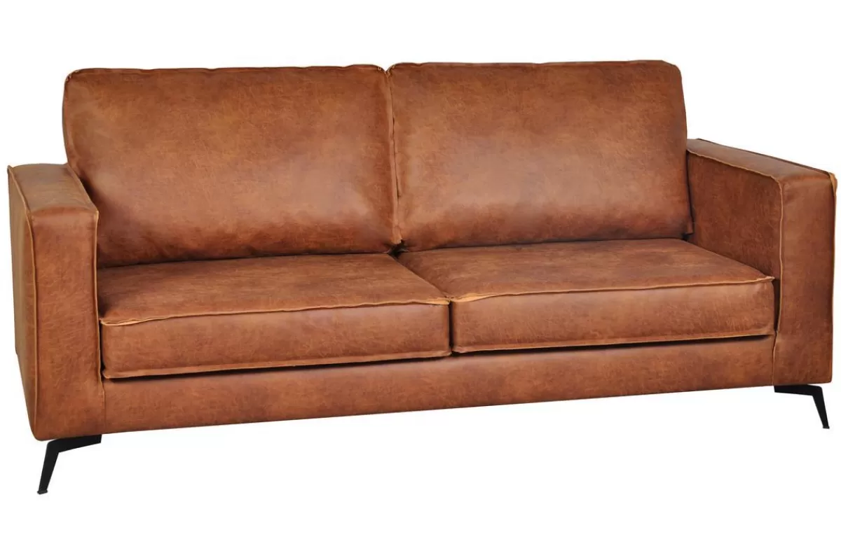 Miliboo Canapé vintage 3 places cuir marron cognac aspect vieilli et métal noir SONNY