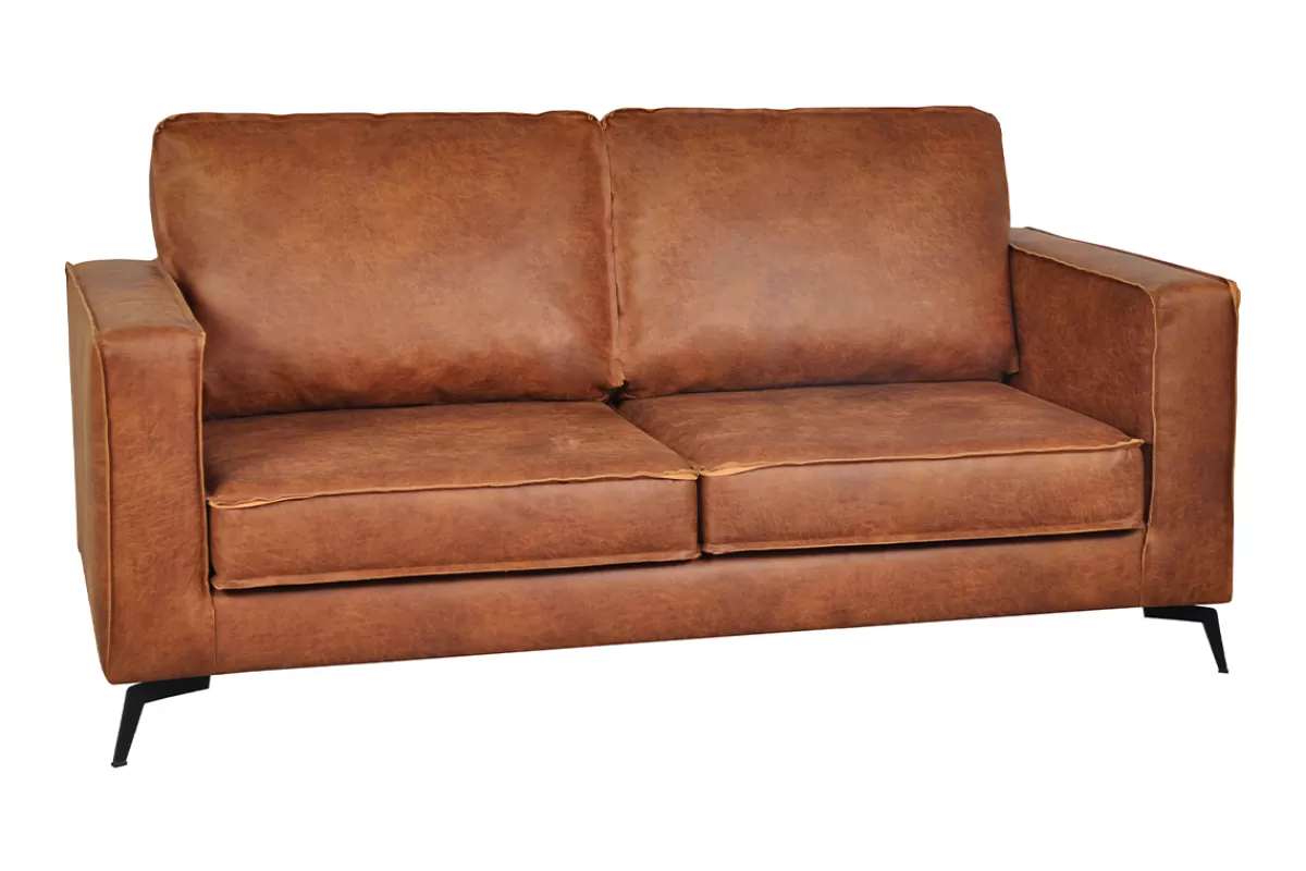Miliboo Canapé vintage 2-3 places cuir marron cognac aspect vieilli et métal noir SONNY