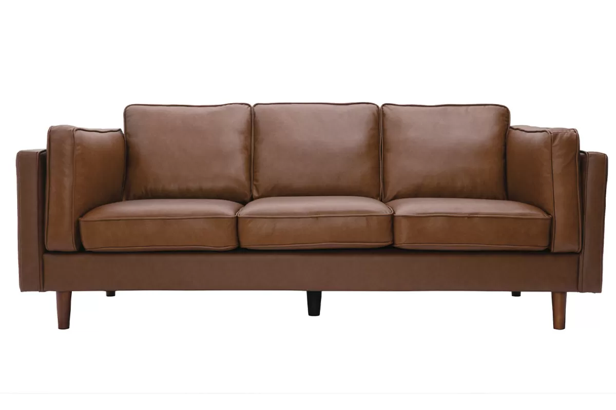Miliboo Canapé vintage 3 places cuir marron et bois foncé BRADLEY