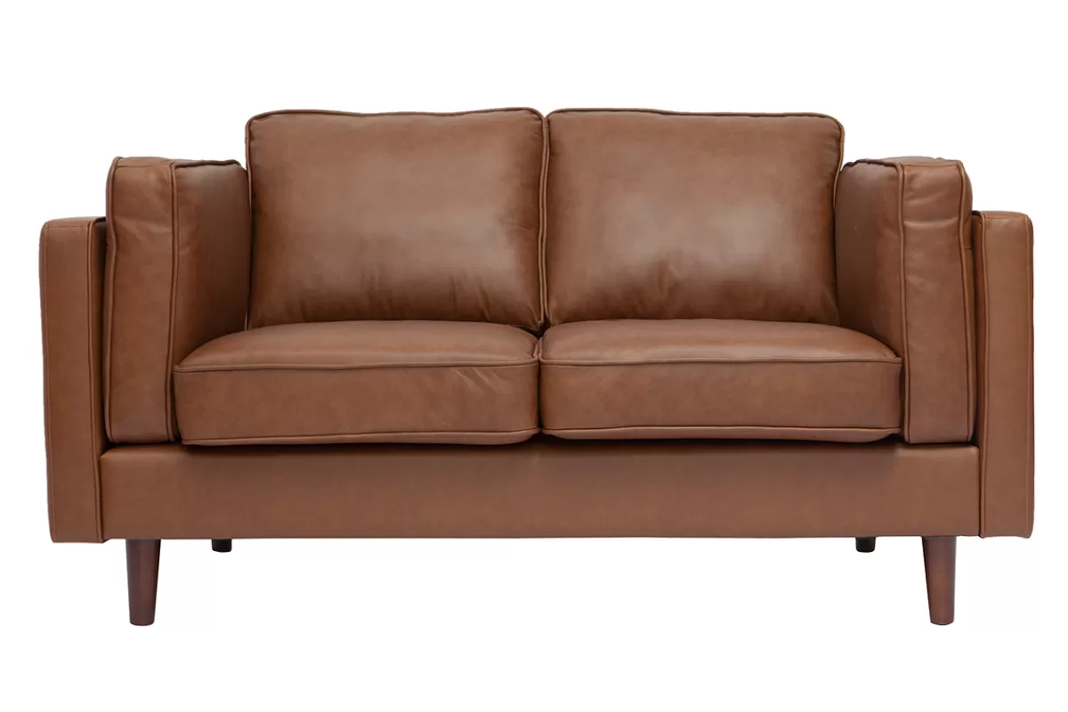 Miliboo Canapé vintage 2 places cuir marron et bois foncé BRADLEY