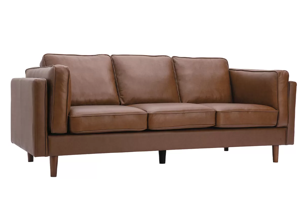Miliboo Canapé vintage 3 places cuir marron et bois foncé BRADLEY