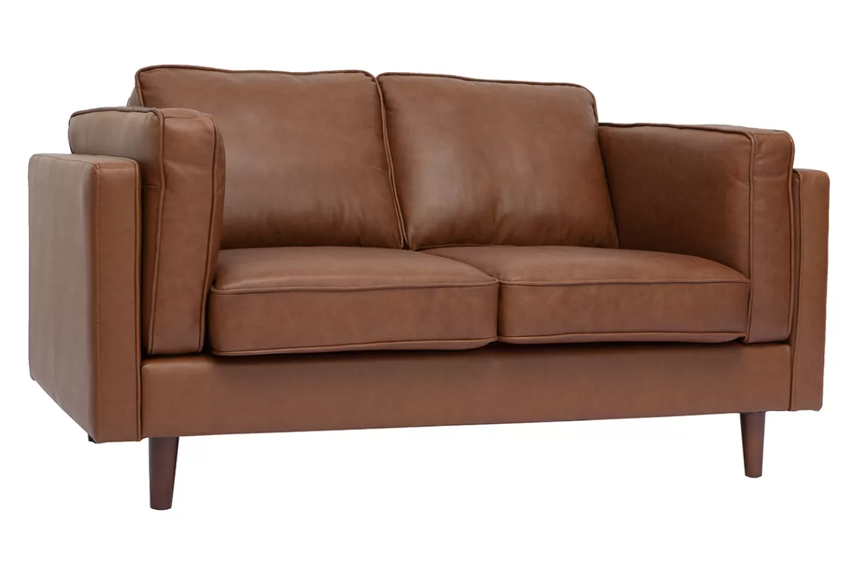 Miliboo Canapé vintage 2 places cuir marron et bois foncé BRADLEY