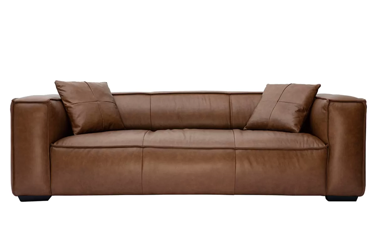 Miliboo Canapé vintage 3 places cuir marron et bois noir COBAIN